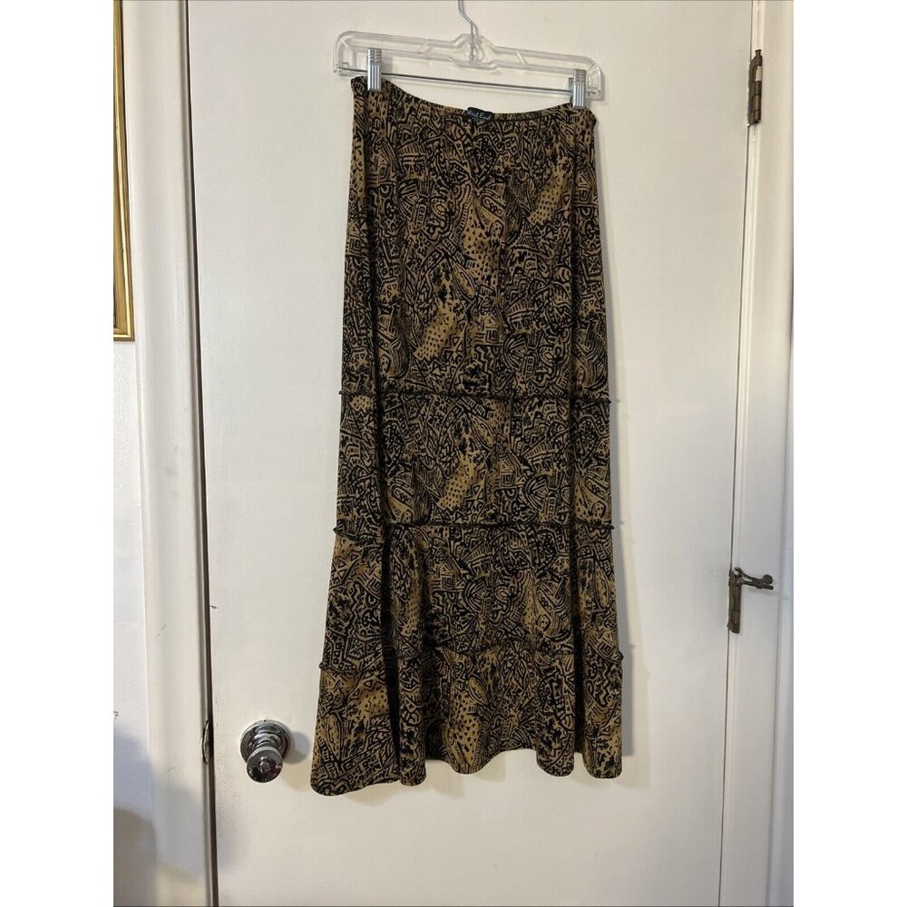 WEST END PL brown black WILD Liquid Knit tiered ruffled Maxi skirt BoHo
